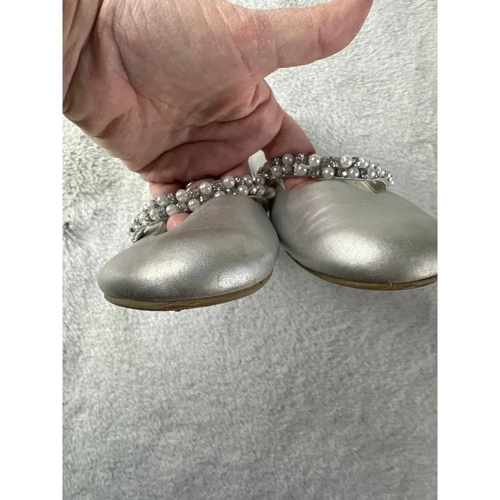 Nina Shoe Girls 2 Nataly Silver Nappa Leather Ballet Flat Dressy Metalic Pearl